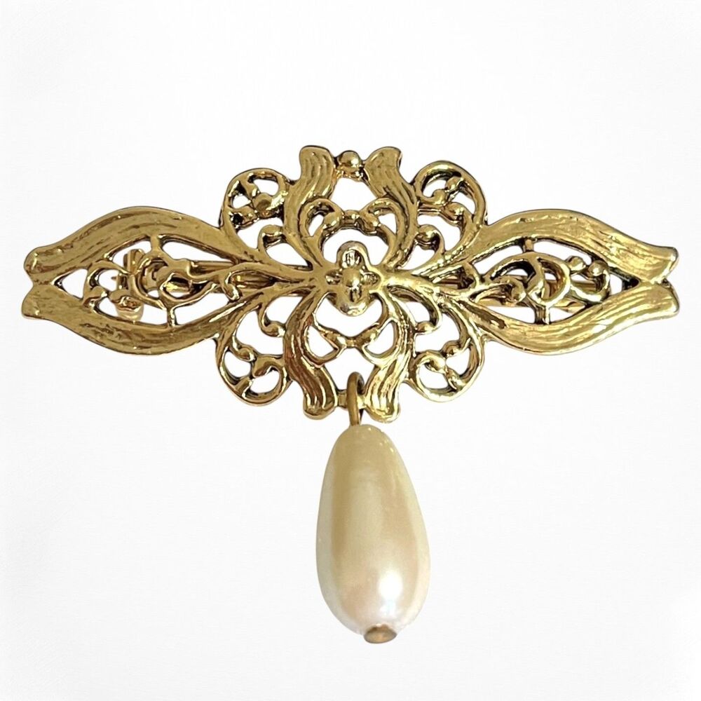 Filigree Brooch Gold Tone Scrollwork Floral Imitation Pearl Dangle Bar Pin VTG